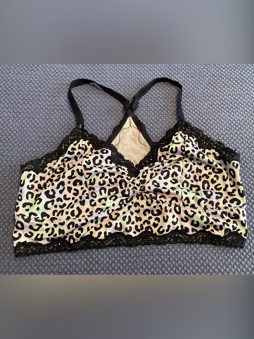 Leopard Lace Bralette in Black and Cream with Pastel Accents